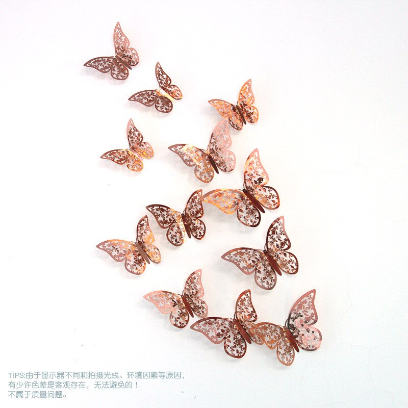 3d metalen stickers voor kamerdecoratie, 3d vlinders voor thuis, kinderkamer muurstickers, festival, feestindeling: Roségoud-c