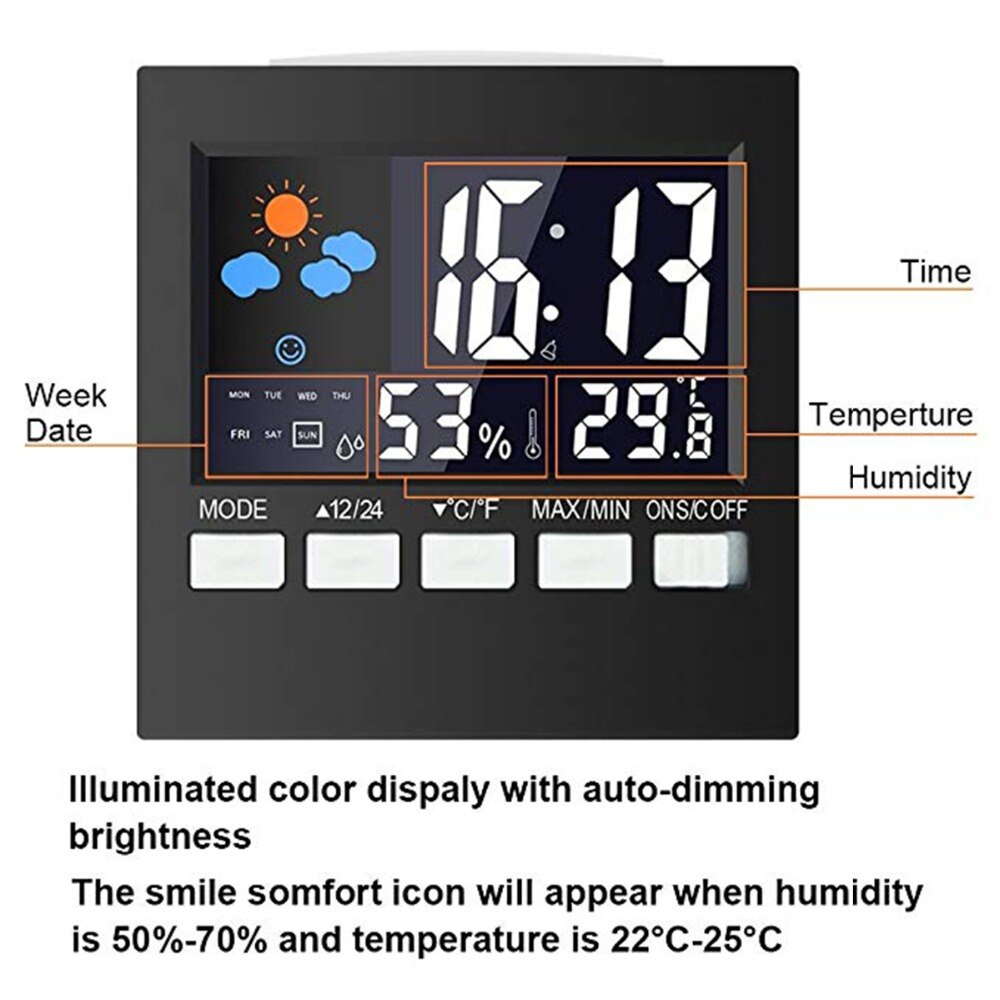 LCD Digital LED Alarm Clock Date Weather Temperature Humidity Travel Backlight Electronic Clock Snooze Function Desk Table Clock