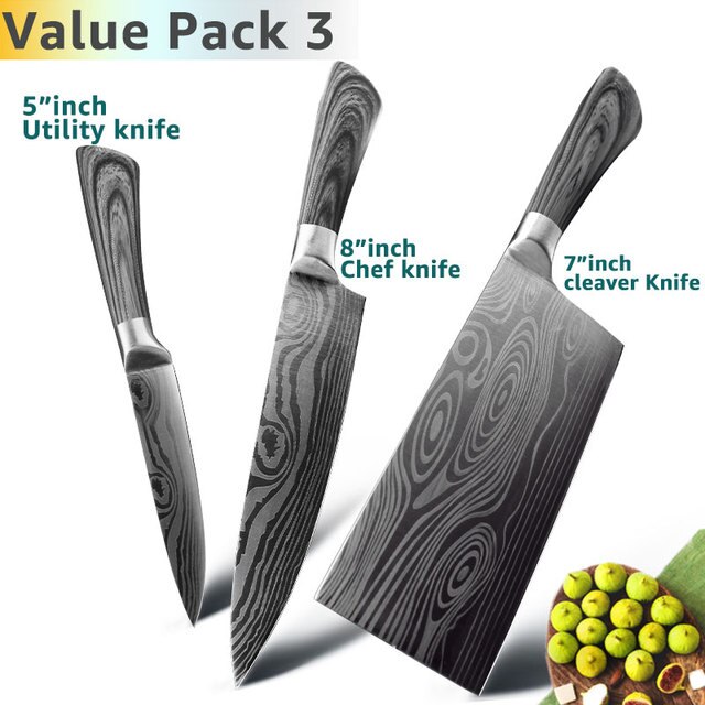 Kitchen Knife 5 7 8 Inch Stainless Steel Chef Knives Imitated Damascus Pattern Utility Cleaver Meat Santoku Vegetable Sharp Tool: value pack 3