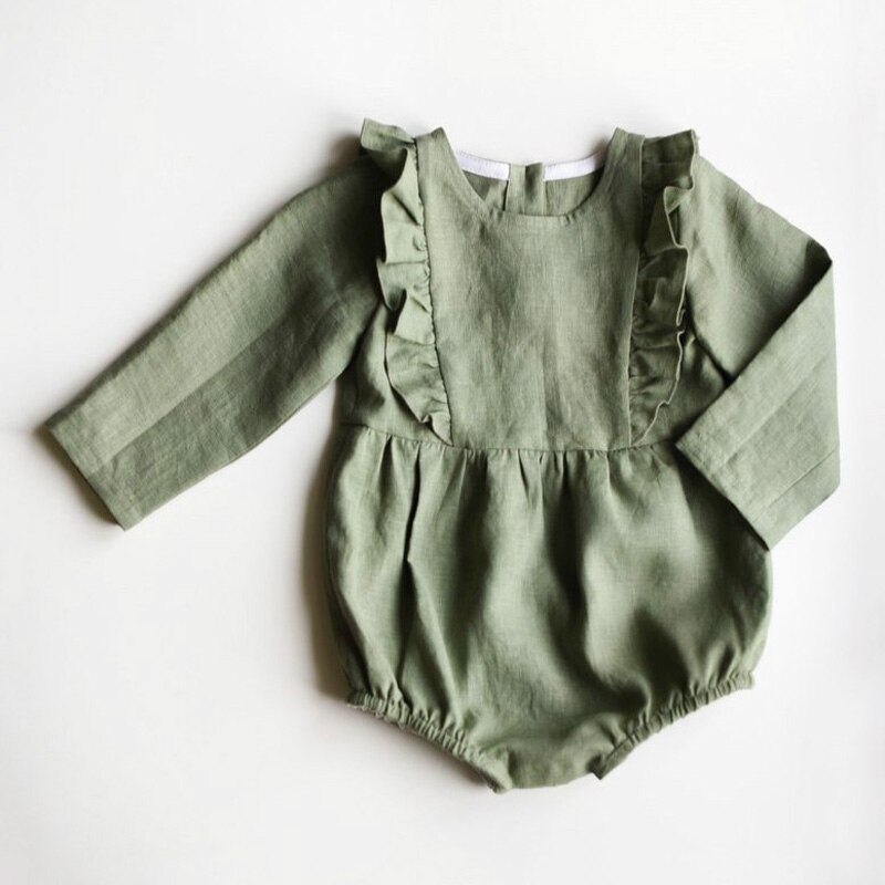 Herbstlicher babybody für mädchen und jungen, rüschen, rundhalsausschnitt, lange ärmel, leinen-baumwolle, Overall für neugeborene
