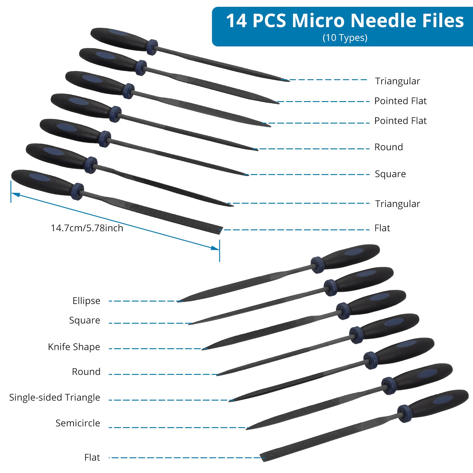 GARLLEN 20 in 1 Files Set 4*200mm Flat Half-Round Round Triangle File &amp; 14*Needle File For Shaping Metal Jewelry Glass Tile etc