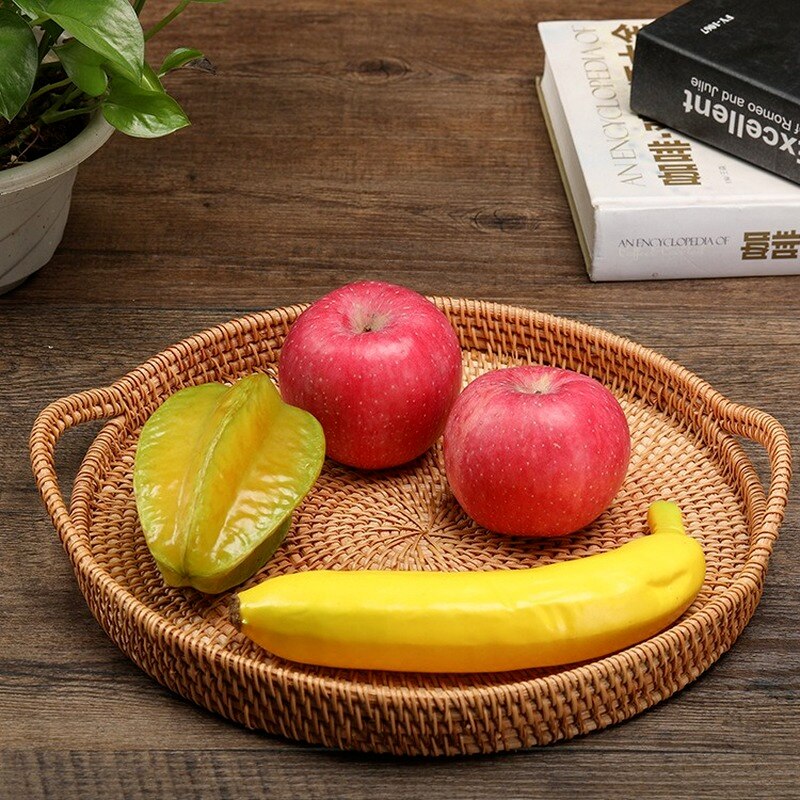 Vietnam Rattan Woven Household Picnic Fruit Plate Snack Storage Basket with Handle Hand-woven Tray Organizer Home Decoration