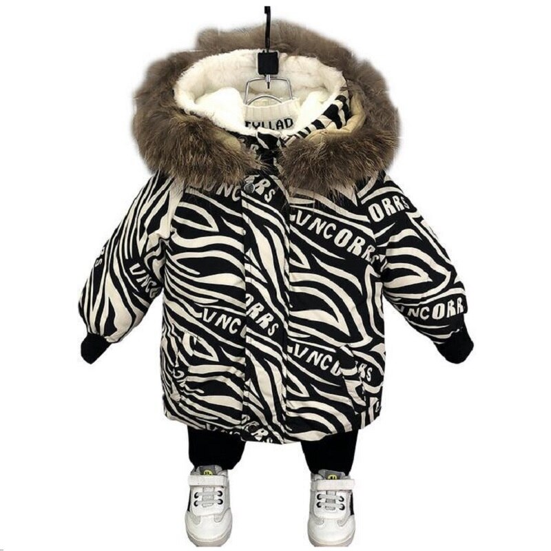 Winter Parka 2-7Y Baby Boys&#39; Cotton Padded Clothes Plus Velvet Thickened Fur Collar Hooded Long Warm Jacket For Children&#39;s Coat