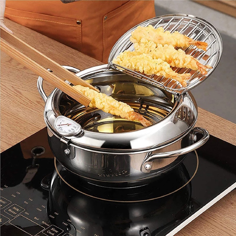 Frying Pans 304 Stainless Steel Pot Japanese Deep Fryer Kitchen Deep Frying Pot Temperature Control Without Oil Cookware