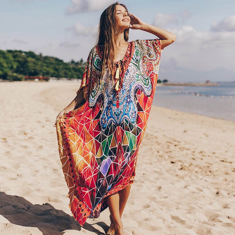Bohemian geprinte strand maxi-jurk snel drogend lange tuniek dames strandbedekking v-hals vleermuismouwen oversized strandkleding kaftan: Default Title