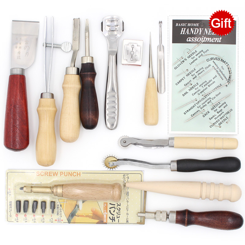 Leder Werkzeug einstellen Carving Stanzen See Schneiden Messer Manuelle Naht Nadel Gas Augen Polieren Peeling Rand Prozess für Leder Gürtel: einstellen 07