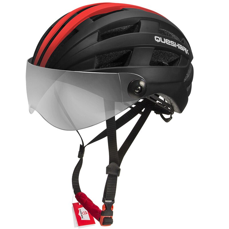 QUESHARK Männer Frauen Ultraleicht Radfahren Helm MTB Rennrad Fahrrad Motorrad Reiten Abnehmbare transparent Objektiv Sicher Kappe QE116: Schwarz rot