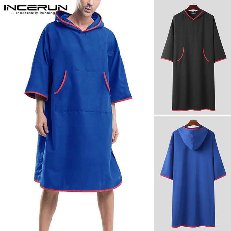 Incerun heren badjassen met capuchon, losse homewear, patchwork zakken, 3/4 mouwen badjassen, nachtkleding, snel drogend, casual heren strandponcho