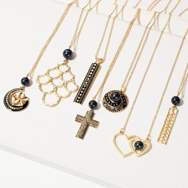 KOMi Polynesian Hawaiian Samoa Marshall Style Glass Bead Pearl Hollow Cross Heart Flower Charm Necklace Earrings Jewelry Set