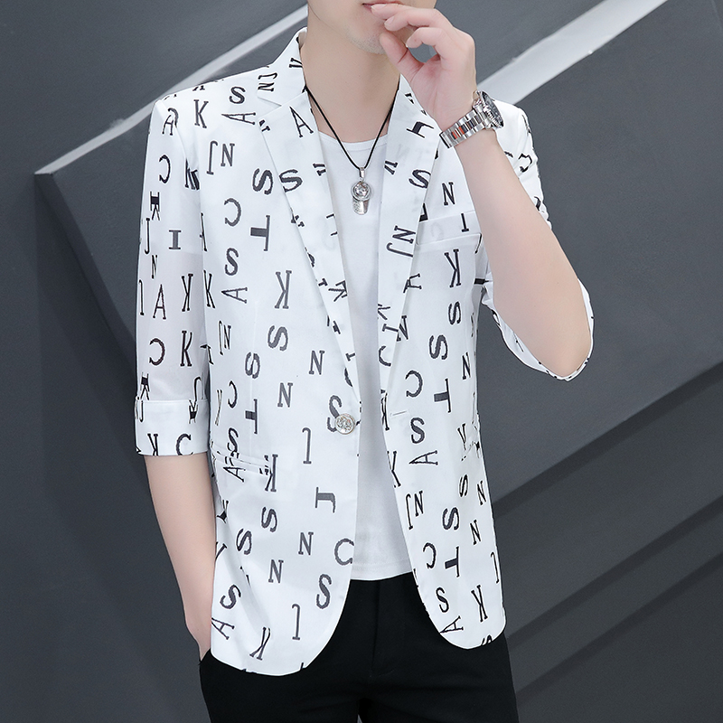 2022 Summer Letter Printed Men Blazers 3/4 Sleeve Casual Suit Jacket Wedding Business Social Dress Coat Casual Slim Blazer: white / XL