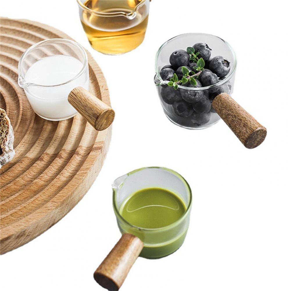 Creamer Jug Glass Milk Cup Heat Resistant Wood Handle Syrup Sauce Dispenser Espresso Multi-Functional Container Cup for Home