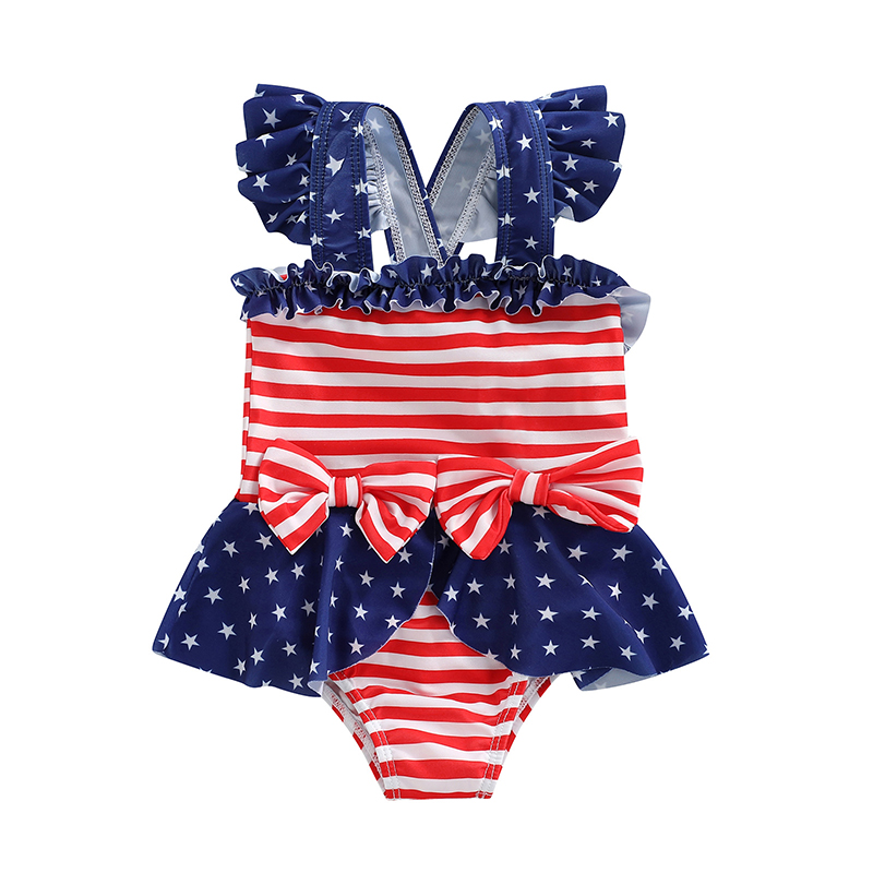 Kid Girl Swimming Bikini Outfit Independent Day Striped Star Print Summer Beach Bow Ruffle Bodysuit Swimsuit