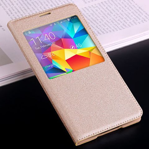 Flip Cover Leather Case Voor Samsung Galaxy S5 S 5 Galaxys5 Samsungs5 SM G900 G900F G900FD SM-G900F SM-G900 Smart View telefoon Case: Light golden