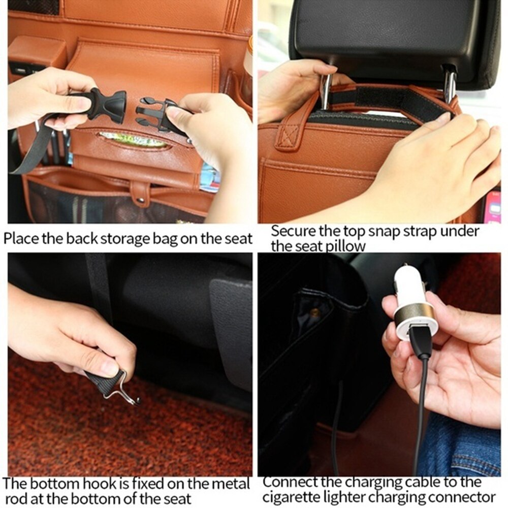 Car Storage Bag 4 USB Charger Pu Leather Travel Multifunction Pocket Stowing Tidying Car Seat Back Bag Car Organizer