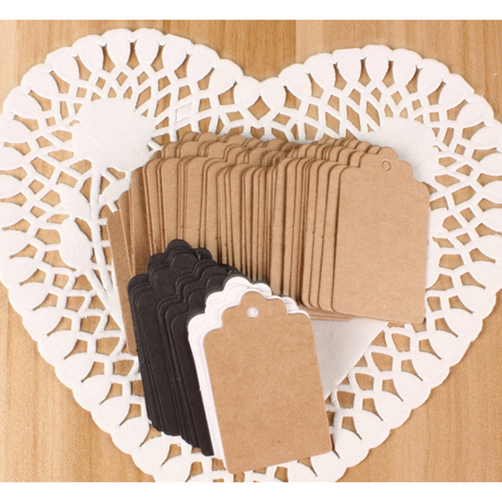 100Pcs Kraft Tags Geschulpte Wedding Party Papieren Kaart Tag Festival Note Diy Blank Prijs Label Hang Tag Wit zwart