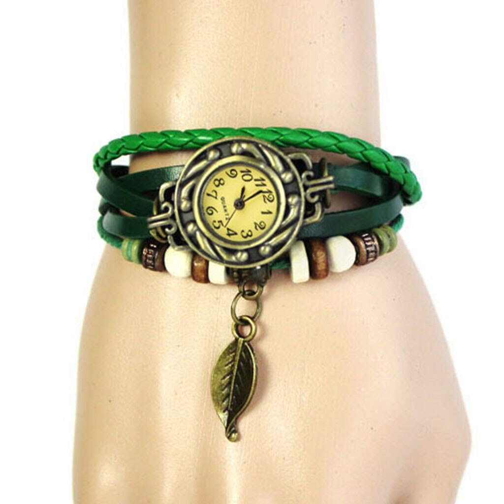 Beste Womens Armband Vintage Weave Wrap Quartz Pu Leather Leaf Kralen Horloges Dame Horloge Relogio Feminino