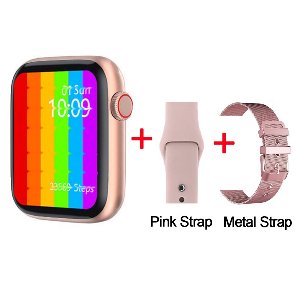 W26 Smart Uhr Frauen Serie 5 Herz Rate Iwo 12 lite Sport Ekg Ppg 44MM Smartwatch Bluetooth Anruf fitness Wasserdicht: pink metal