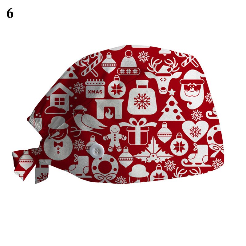 Kerstprint chirurgische muts voor dames heren verpleegstersmuts met knoop zweetabsorberende handdoek doktersmuts scrub muts gesp baotou muts
