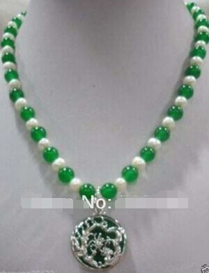 811 aaa00642+++ White 7-8 pearl 8mm green silver dragon pendant necklace"