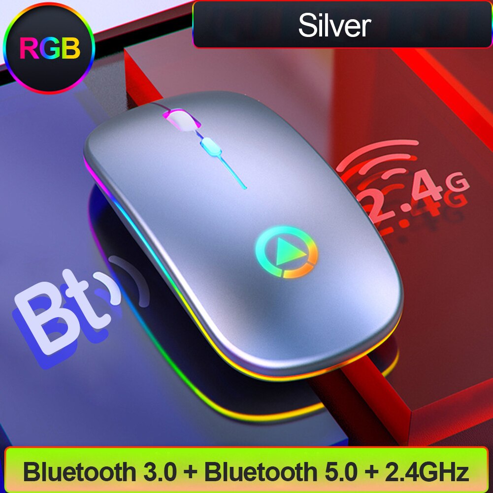 2,4 GHz RGB Drahtlose Maus Stille LED hinterleuchtet 1600DPI Ergonomische Maus USB Optische Wiederaufladbare Mäbenutzen Computer Maus Für PC Laptop: silber- Dual mode