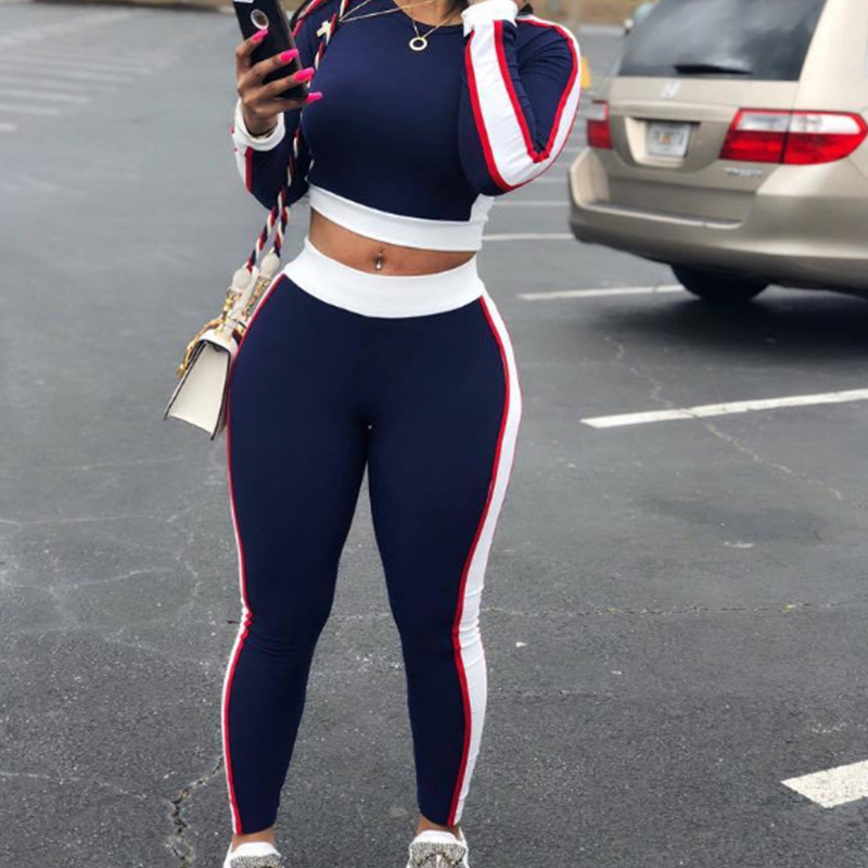 Spring and Autumn Clothing European and American Women Tight Breathable Running Fitness Gym Big Stripe Sports Suit Female