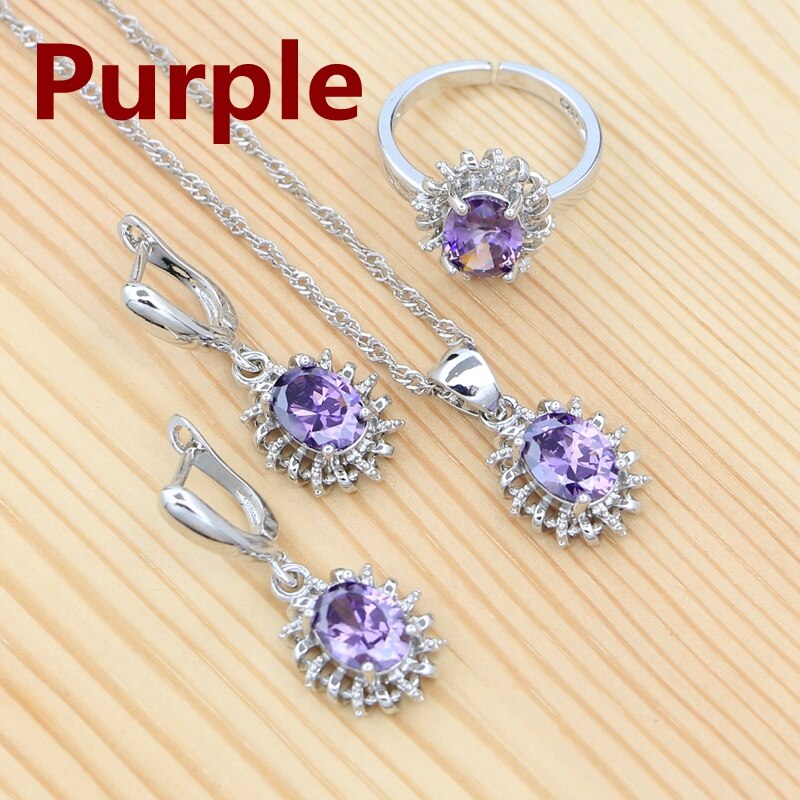 925 Sterling Silber Ohrringe Offenen Ring Halskette Anhänger Grün Zirkonia Zubehör Ethnischen Stil Schmuck Bausatz: Lila
