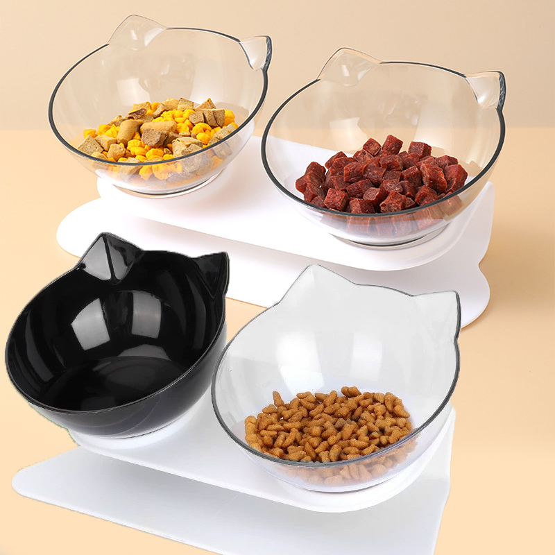 Double Cat Feeding Bowl PC Plastic Cat Shape 2 Cat feeder Container 15 Degree Tilted Pet Inclination Stand Cats Feeding Bowl