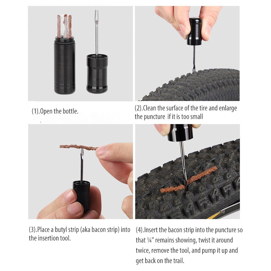 Sykkel tubeless dekk reparasjonssett mordersnegle plugg kork gummi bacon strimler og innsettingsverktøy til å fikse punktering flat vei mtb sykkel