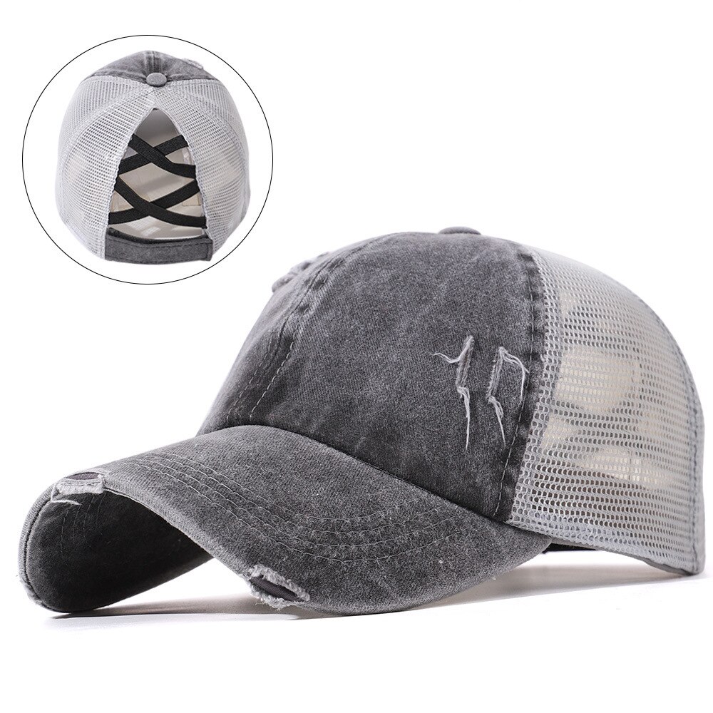 Women's Wash Cap Casquette Light Board Retro Ponytail Baseball Cap Cotton-Padded Cap Ripped Hole Cross Cap: Dark Gray