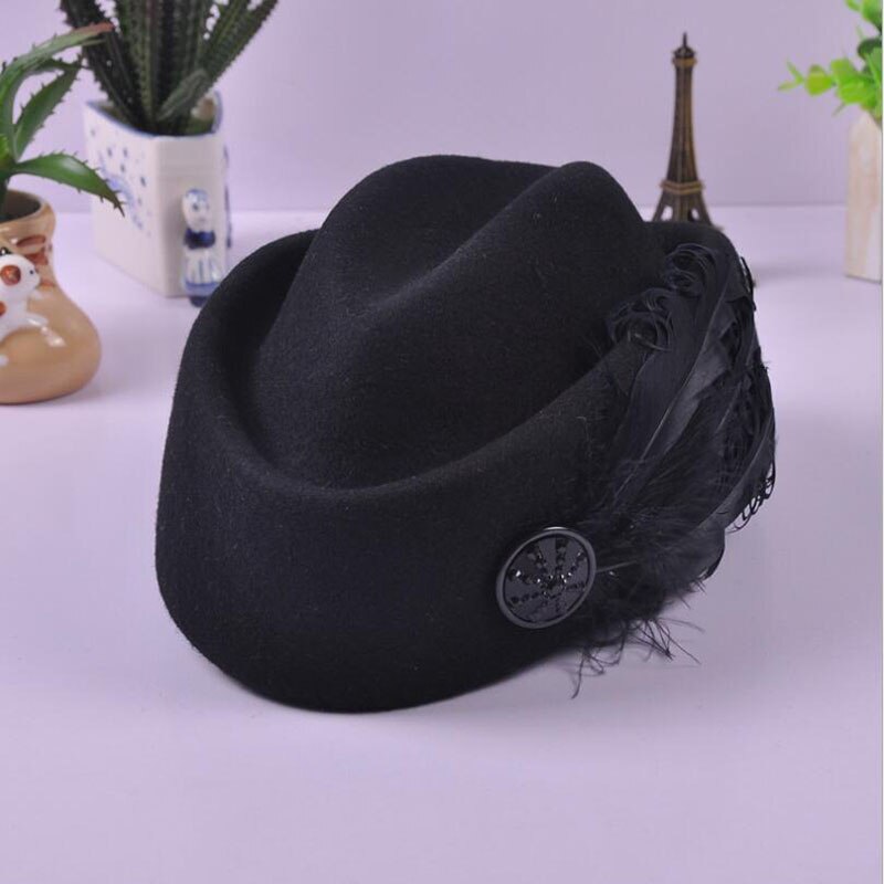 Australian Hats Wool Feather Bow Airline Stewardess White Women&#39;s Fedora Caps Formal Lady Hat Royal Style Domechapeu