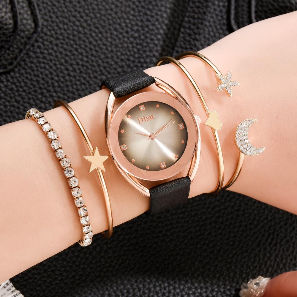 Set leren horlogebanden voor dames, casual dameshorloge met gradiënt wijzerplaat en armbandhorlogeset