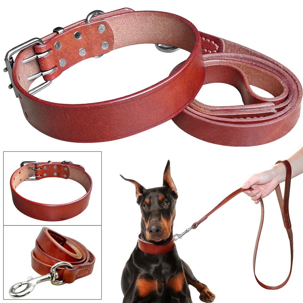 Heavy Duty Plain Leather Pet Dog Collar Leash Set Adjustable For Small Medium Large Dog Breed Pitbull Boxer Bulldog S -2XL Brown