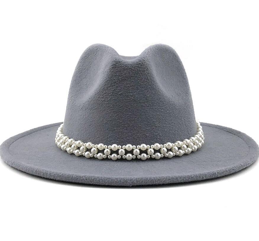 Women Wool Fedora Hat with Imitation Pearl Ribbon Gentleman Lady Winter Autumn Wide Brim Church Girl Jazz Cap
