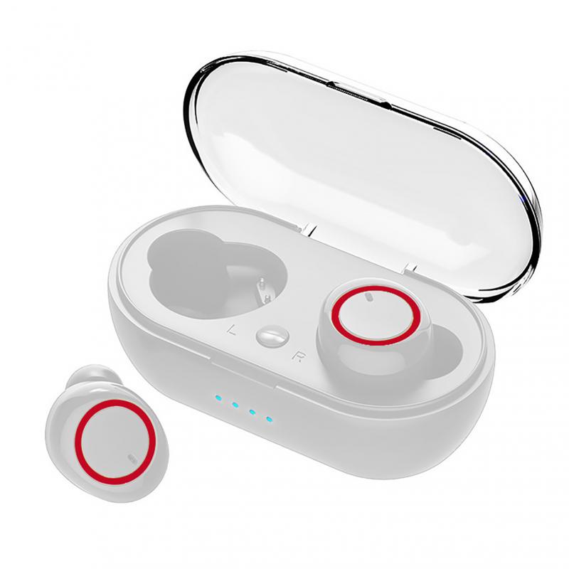 Y50 TWS Earphone bluetooth 5.0 True Wireless headphone Stereo Headset IPX7 Waterproof Sport Earbuds With Microphone Charging Box: White-red