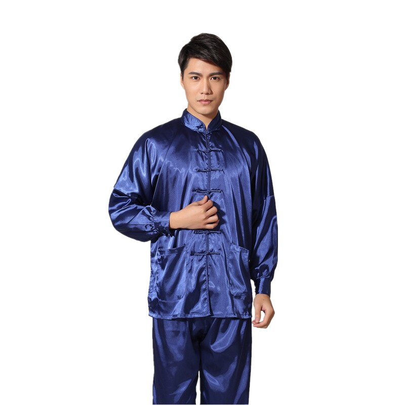 Chinese Year Clothing for Men Satin Solid Long Sleeve Kung Fu Costumes Traditional Cheongsam Top Pant Clothes Set: Blue / 2XL