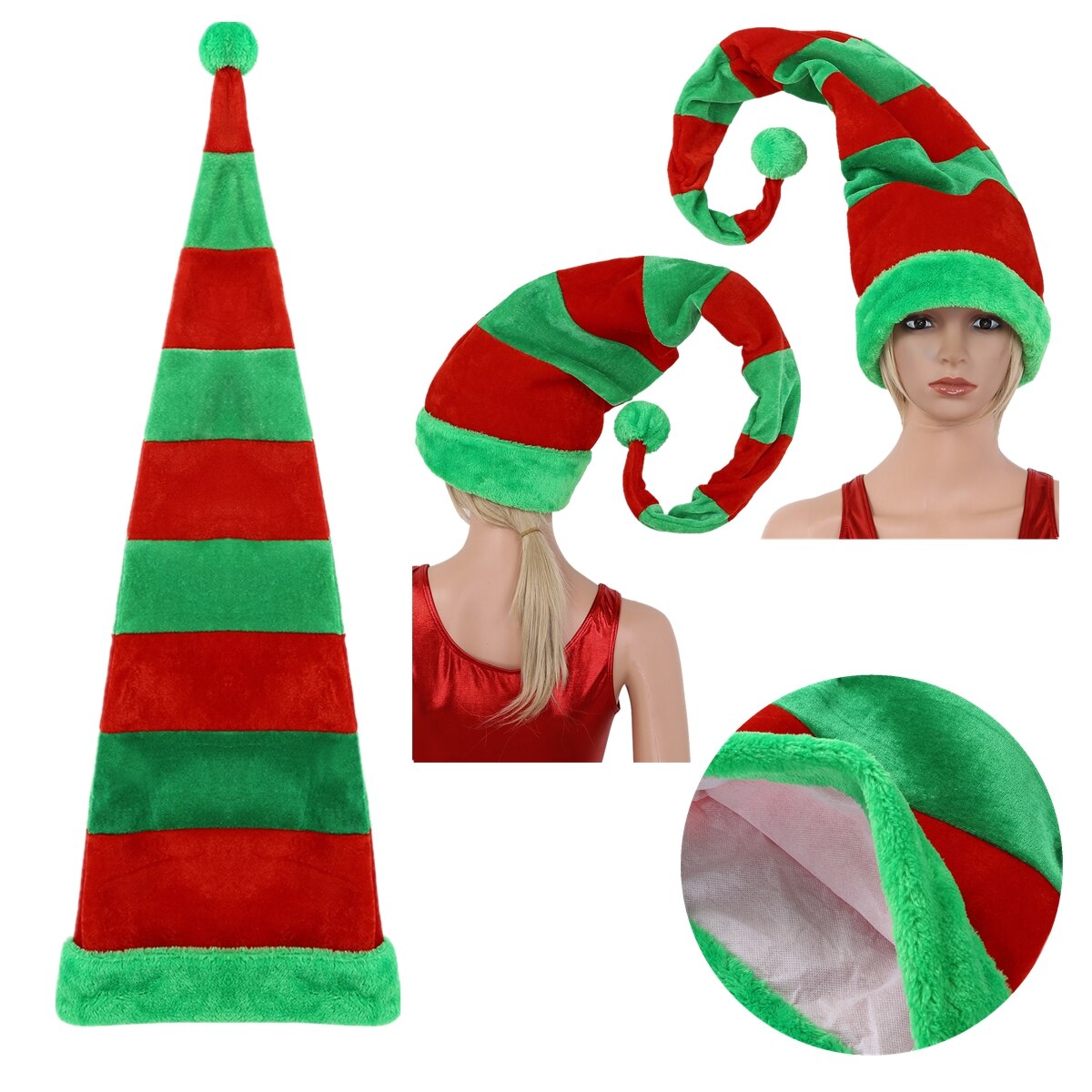 60x90cm Elf Hat Christmas Hat Adult Novelty Funny Long Bendable Striped Felt Plush Santa Claus Clown Elf Cap Xmas Party Supplies
