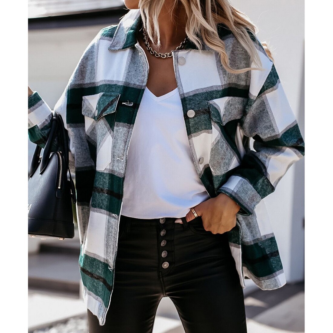 Winter Khaki Plaid Jacket Coat Women Streetwear Long Leeve Thick Wool Coat Pocket Oversized Lapel Autumn Shirts Coats