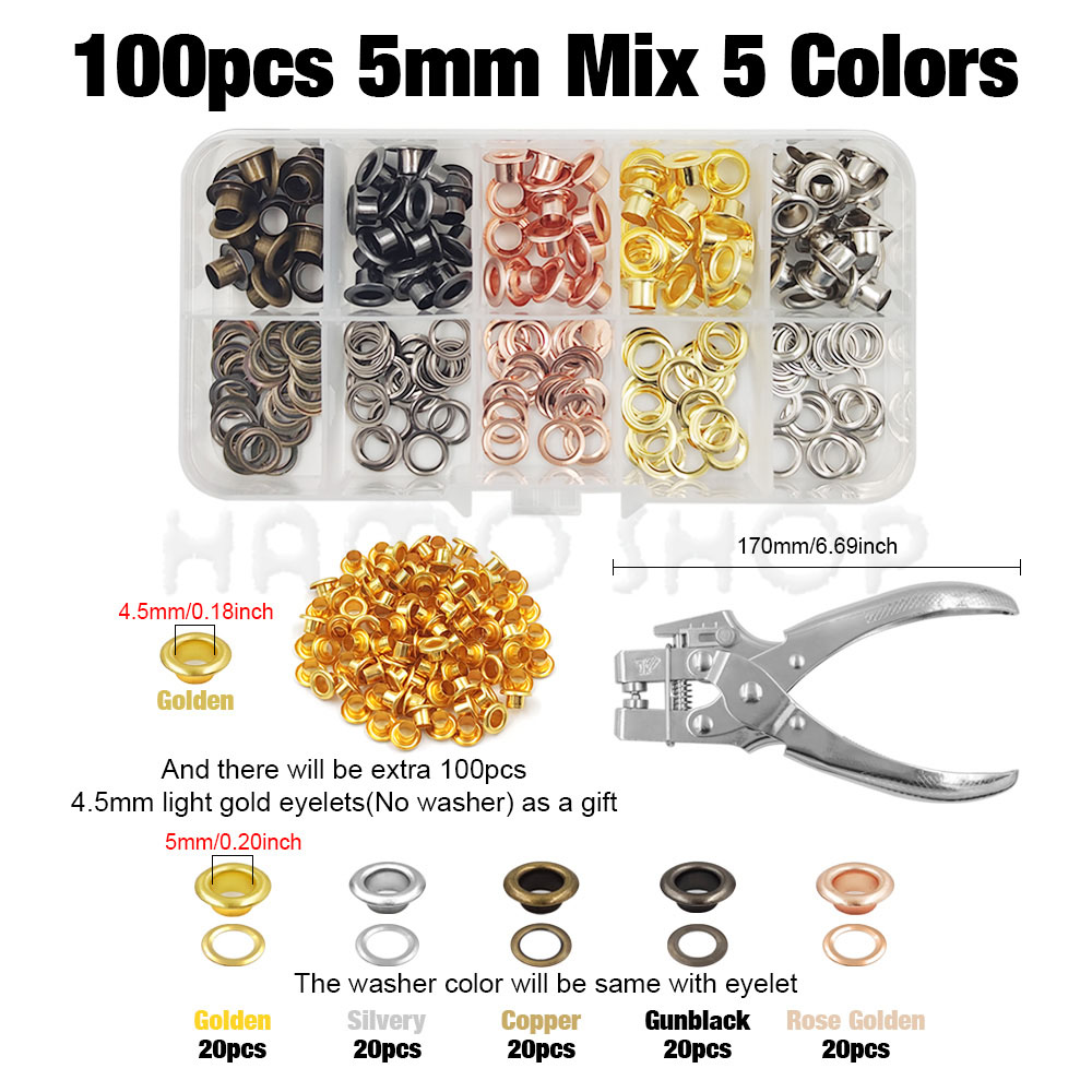 5mm Multi-Color Metal Eyelets Grommets Kit with Installation Tools Punch Pliers Kit For Leathercraft Shoes Belts Bags Clothes: Antique Brass
