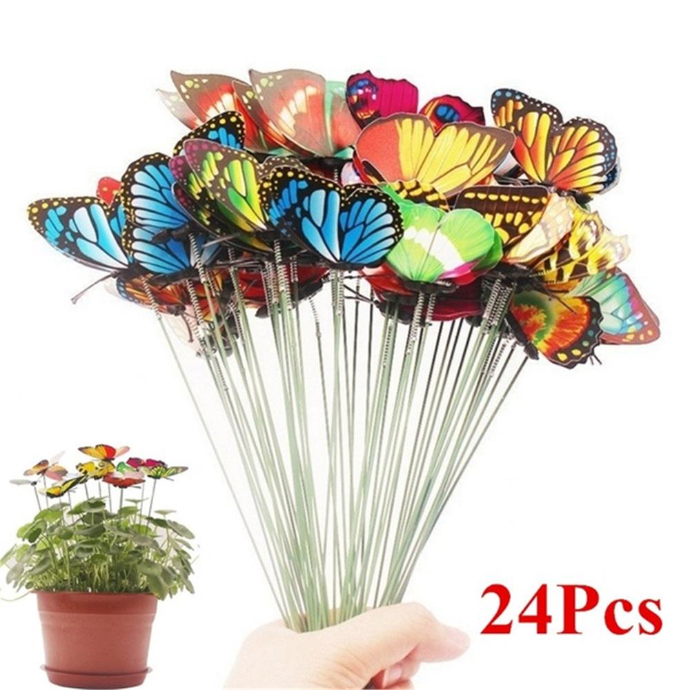 24Pc Willekeurige Vlinder Bos Stakes Tuin Decoratie Outdoor Yard Planter Bloempotten Kleurrijke Vlinders Decoratie: Default Title