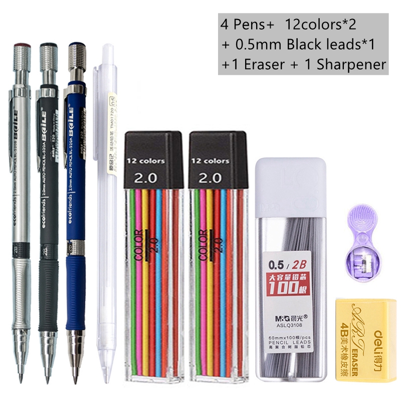 Mechanical Pencil Set 2.0 mm with 2B Black/Colors Lead Refill For Writing Sketching Art Drawing Painting School Automatic Pencil: Clear