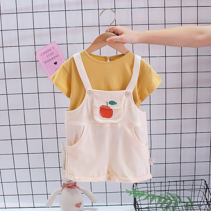 Baby Boy Girl Clothes set Summer Fashion Kids abiti a maniche corte T-shirt + bretelle Shorts 2 pezzi Cute Toddler Clothing Suit: yellow / 1-2 Years