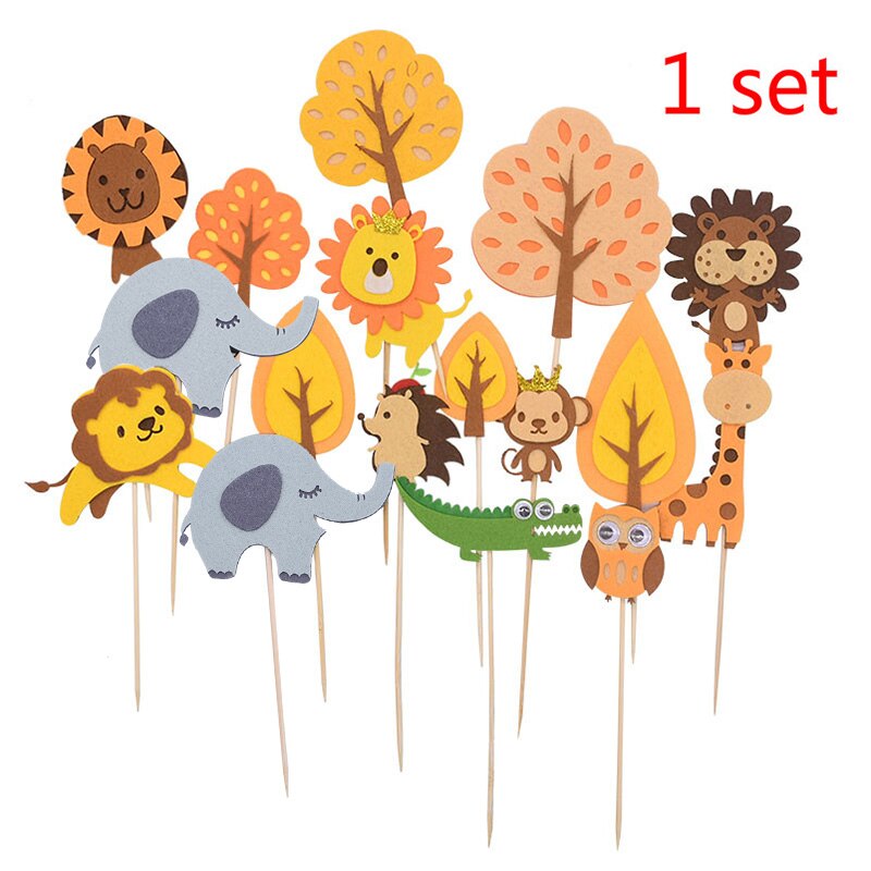 17 st/set safari djur tårta topper filt tårta flaggor banner för djungeltema födelsedagsfest tårta dekoration cupcake toppers