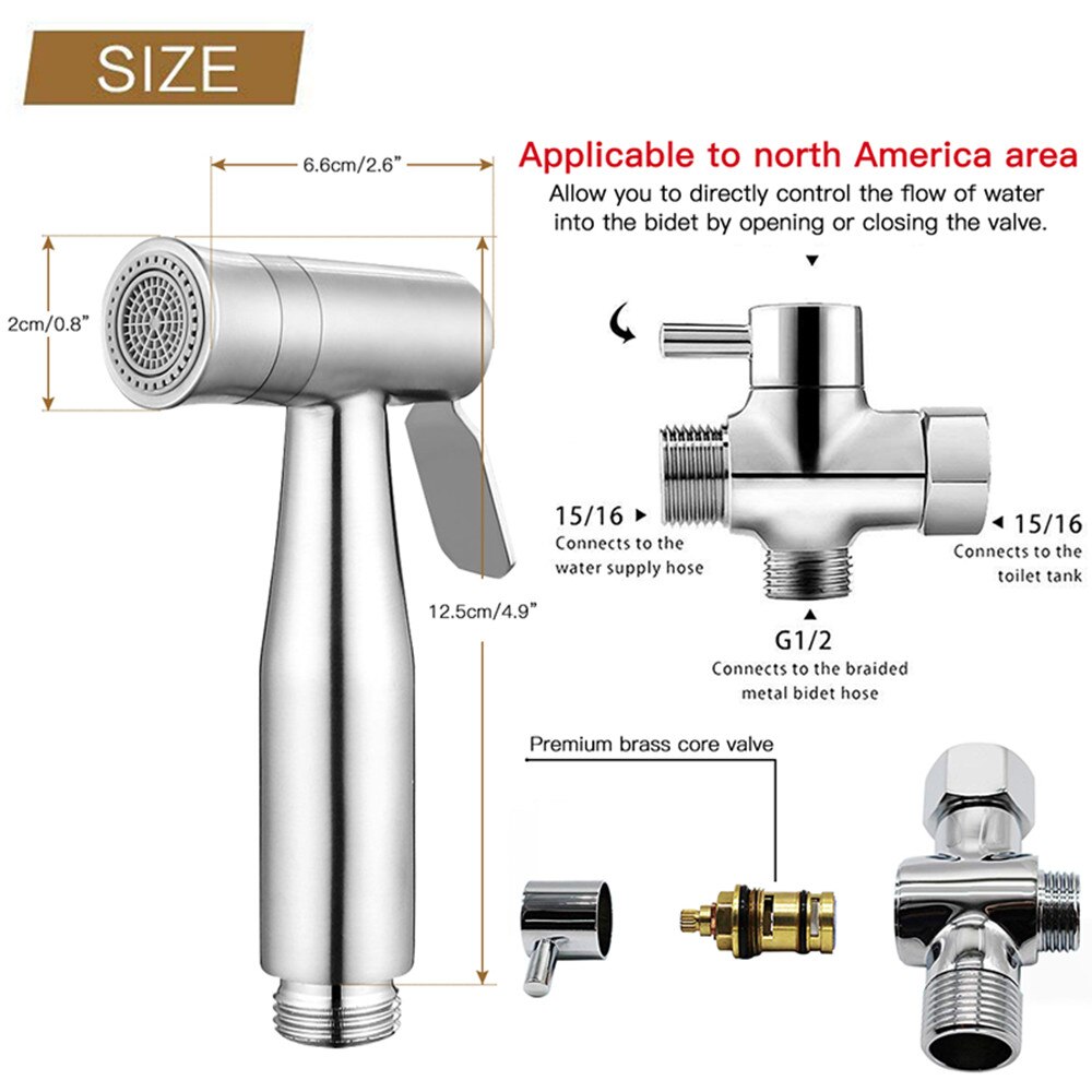Bidet Sprayer Set Toilet Handheld Two Function Bidet Shower Faucet Bathroom Stainless Steel Hand Tank Hooked Holder Easy Install