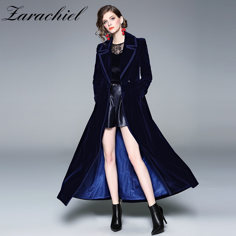 Plus Size 2XL Winter Women Long Sleeve Notched Collar Double-Breasted Gold Velvet Maxi Trench Coat Autumn Outerwear