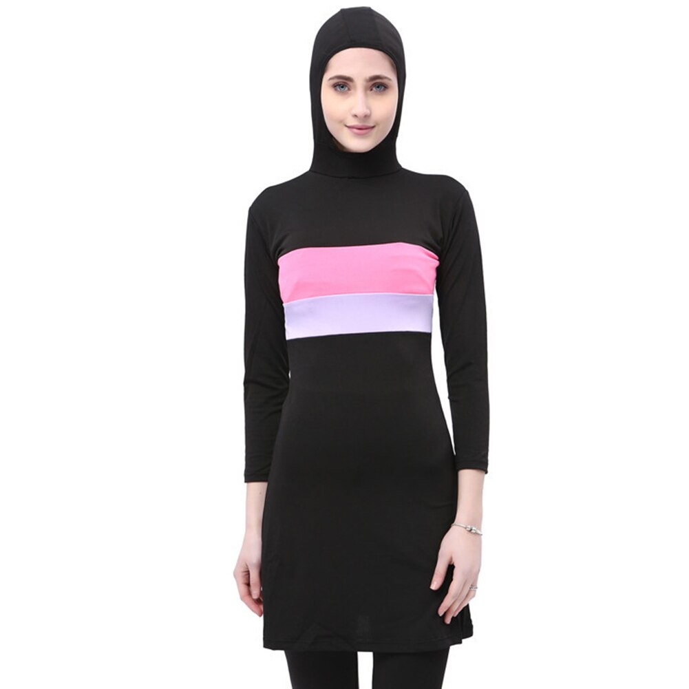 Women Long Sleeve Beachwear for Muslim Contrast Color Hooded Arab Hijab Islamic Swim Surf Wear Burkinis Suit Swimsuit Plus Size