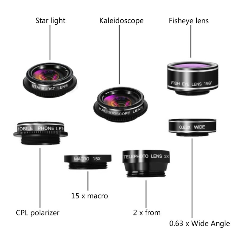 7 in 1 Phone Camera Lens Kit Wide Angle/Fisheye Lens Special Effects Lens Kit For Smartphones/And-roid Phones Camera