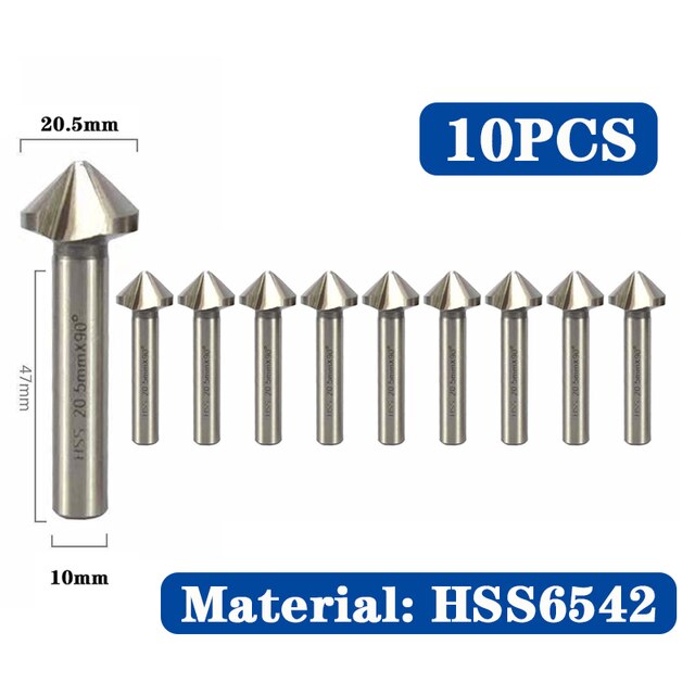 HSS Chamfer Chamfering Cutter End Mill Tool Countersink Drill Bit Set To Wood Stell Chamfer Cutter Power Tool 3 Flute 90 degree: 6542 10pcs 20.5mm