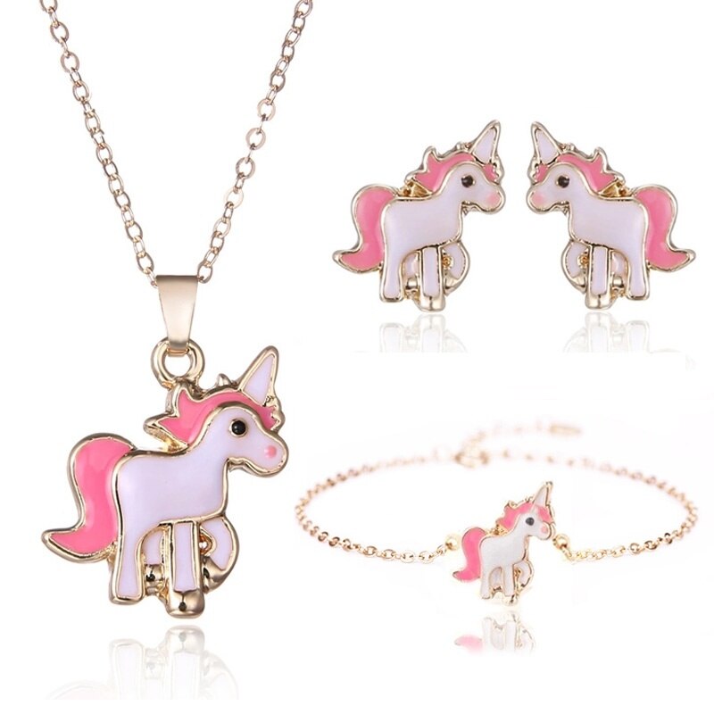 4 stks/set Paarse Ketting Oorbellen Cartoon Eenhoorn Ketting Oorbel Sieraden Meisjes Sieraden Oorbel en Ketting Set: 7