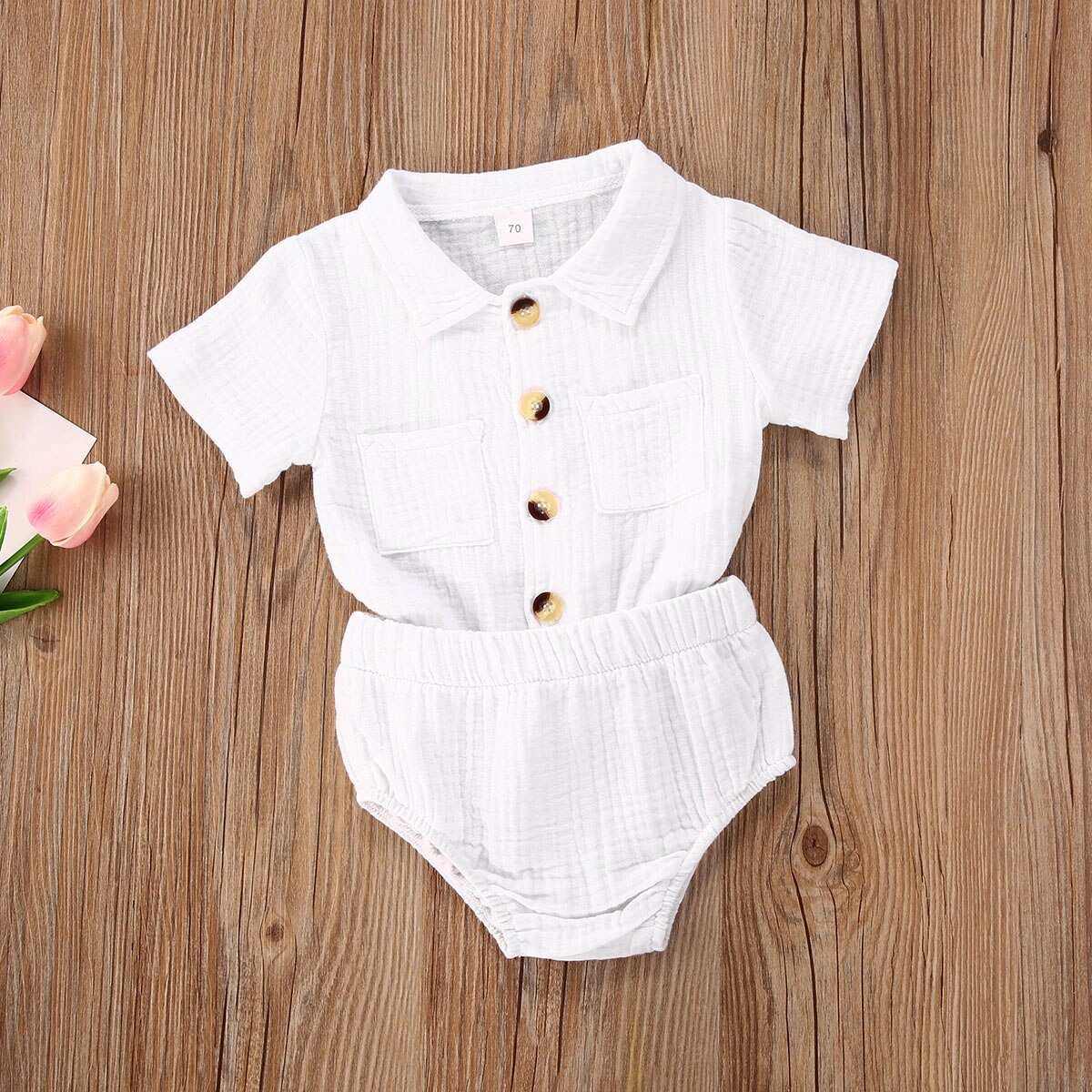 Baby pige dreng 2 stk outfit sæt solid plisseret button-down foldet krave kortærmet top skjorte trekant elastik bukser sæt