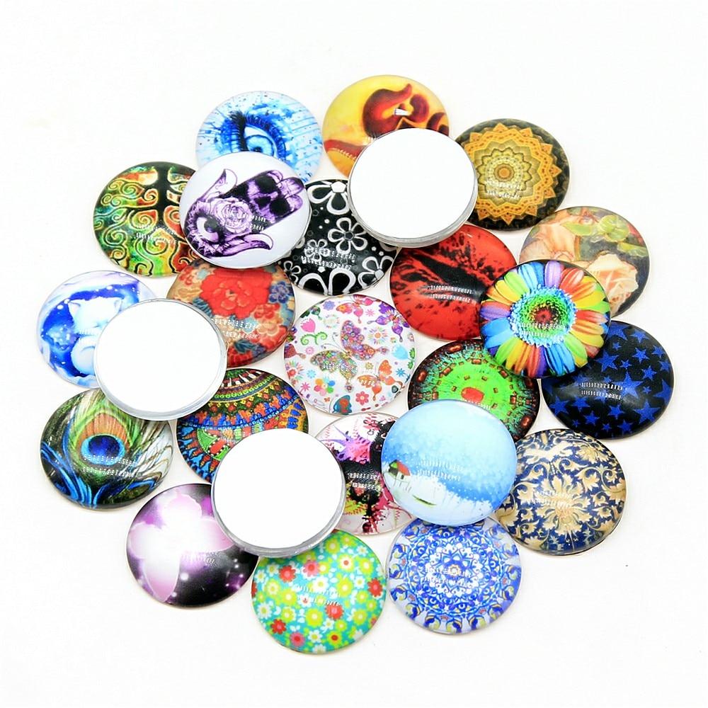 50 pçs 8mm 10mm 12mm 14mm 16mm padrões de mistura aleatória feitos à mão redondo foto vidro cabochão joias achados & componentes